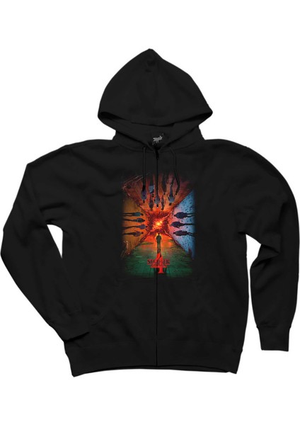 Stranger Things 4 Siyah Fermuarlı Kapşonlu Sweatshirt