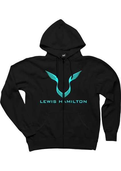 Lewis Hamilton Logo 2 Siyah Fermuarlı Kapşonlu Sweatshirt