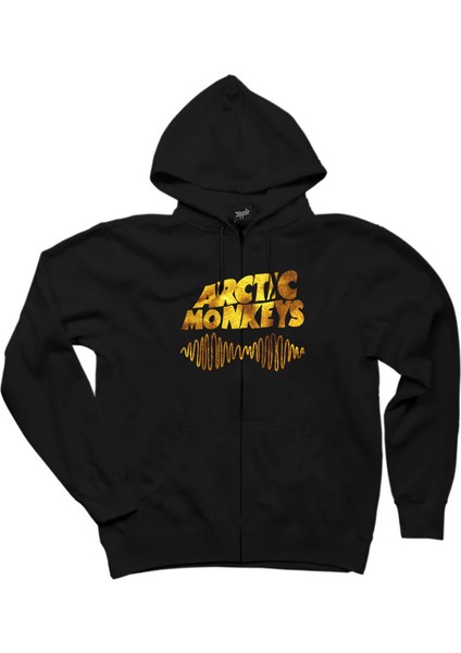 Arctic Monkeys Logo Wave Gold Siyah Fermuarlı Kapşonlu Sweatshirt