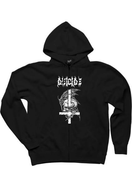 Deicide Design Siyah Fermuarlı Kapşonlu Sweatshirt