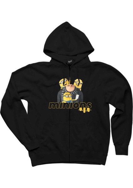 Minions And Gru Selfie Siyah Fermuarlı Kapşonlu Sweatshirt