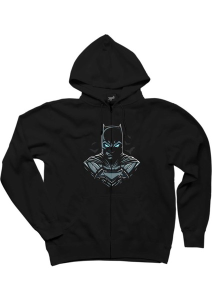 Batman Head Siyah Fermuarlı Kapşonlu Sweatshirt