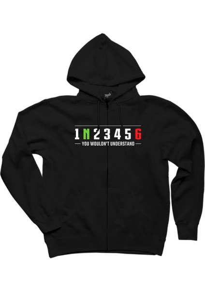 Motocycle Gears Siyah Fermuarlı Kapşonlu Sweatshirt