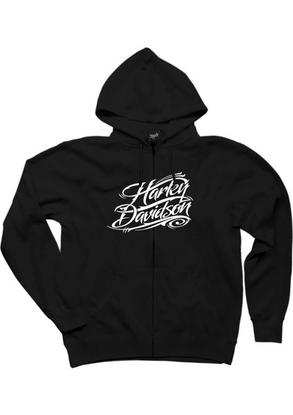 Harley Davidson Typography Siyah Fermuarlı Kapşonlu Sweatshirt
