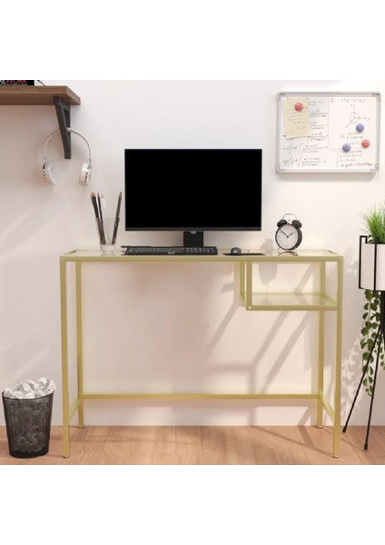 Modern Gold Renk Metal Iskeletli Temper Camlı Laptop Çalışma Masası Makyaj Masası