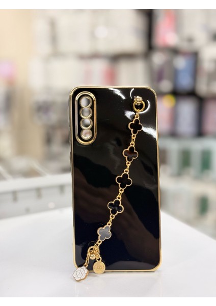 Asmobıle Samsung Galaxy A50S Uyumlu Zincirli Charm Detaylı Gold Kenarlı Parlak Şık Telefon Kılıfı