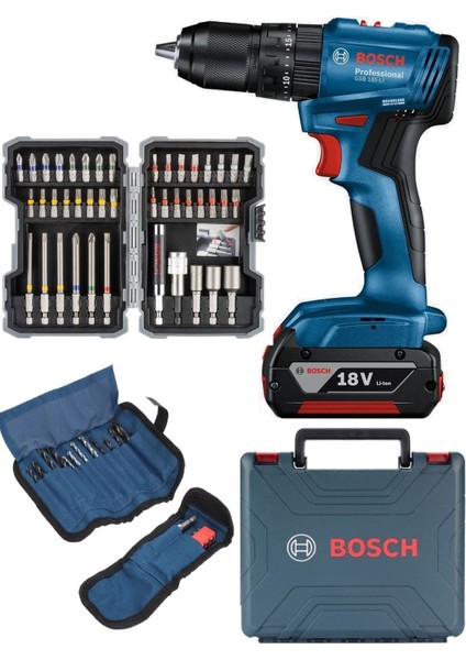 Professional Gsb 185-LI 2.0 Ah Tek Akülü Kömürsüz Motor Darbeli Matkap + 23 Parça Aksesuar Set - 06019K3102 + Bosch Professional 43 Parça Vidalama Ucu Seti -2607017164
