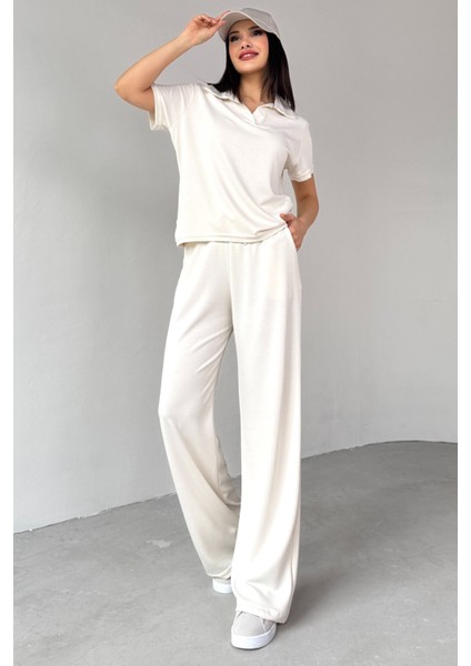 TKM-03690 Ekru Polo Yaka Bluz Salaş Pantolon Ikili Takım