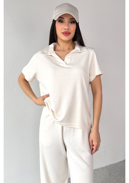 TKM-03690 Ekru Polo Yaka Bluz Salaş Pantolon Ikili Takım fiyatları