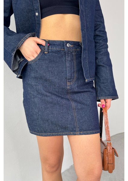 TKM-03702 Lacivert Çıtçıtlı Kot Ceket Mini Etek Ikili Takım modelleri