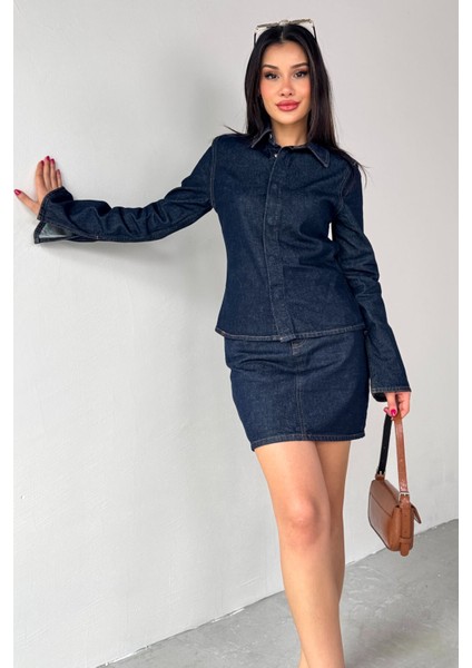 TKM-03702 Lacivert Çıtçıtlı Kot Ceket Mini Etek Ikili Takım fırsatları