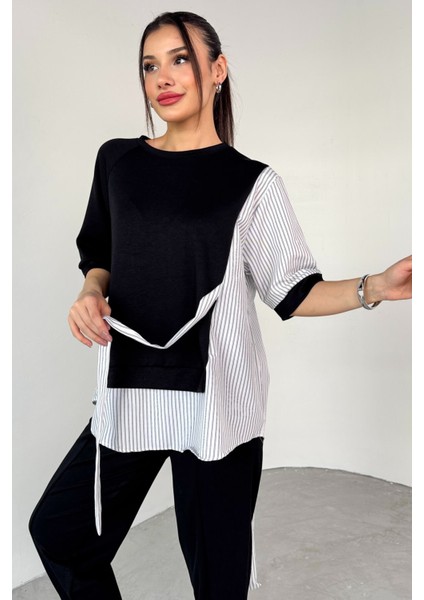 TKM-13254 Lacivert Gömlekli Kuşaklı Bluz Lastikli Pantolon Ikili Takım