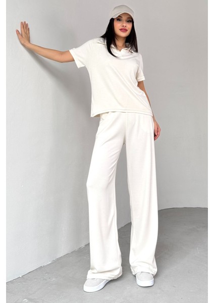 TKM-03690 Ekru Polo Yaka Bluz Salaş Pantolon Ikili Takım modelleri
