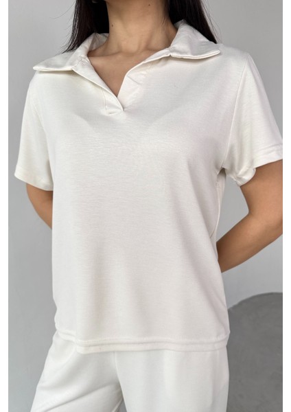 TKM-03690 Ekru Polo Yaka Bluz Salaş Pantolon Ikili Takım fırsatları