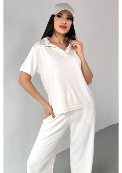 TKM-03690 Ekru Polo Yaka Bluz Salaş Pantolon Ikili Takım indirimleri