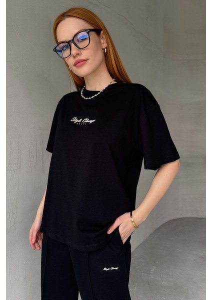 TKM-0051 Kahverengi Style Change Yazılı Tişört Paça Lastikli Pantolon Ikili Takım