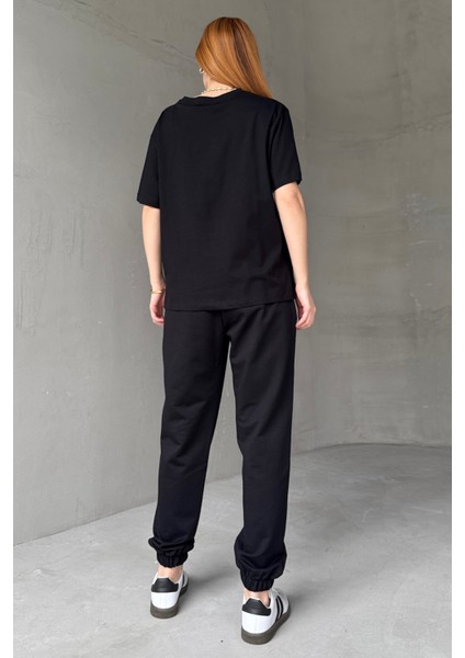 TKM-0051 Kahverengi Style Change Yazılı Tişört Paça Lastikli Pantolon Ikili Takım