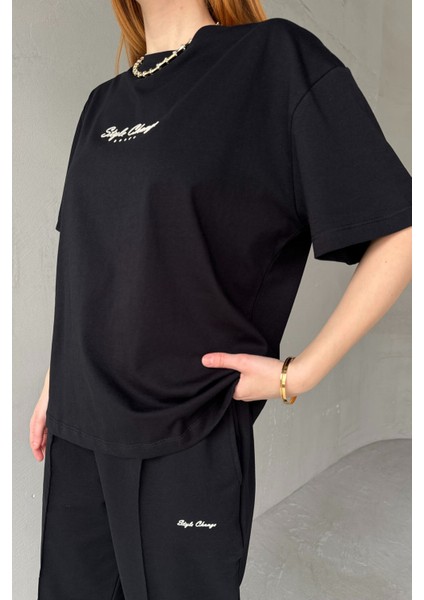 TKM-0051 Kahverengi Style Change Yazılı Tişört Paça Lastikli Pantolon Ikili Takım