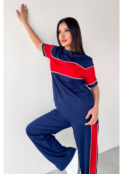 TKM-03709 Lacivert Garnili Tişört Şeritli Pantolon Modal Kumaş Ikili Takım