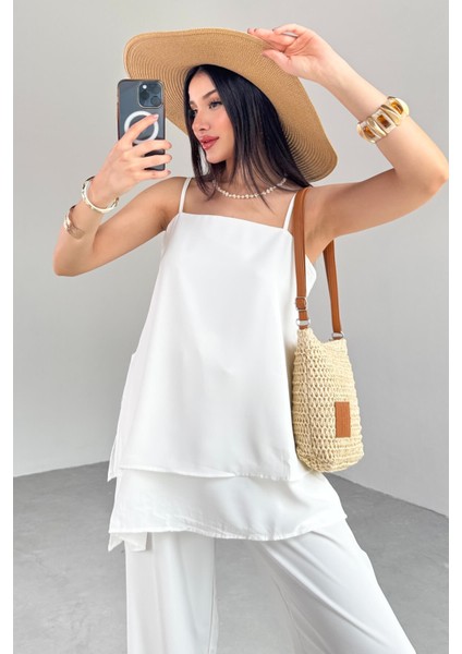 TKM-13256 Beyaz Ip Askılı Bluz Salaş Pantolon Ikili Takım