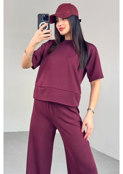 TKM-13255 Kahverengi Yarım Kol Bluz Boru Paça Pantolon Ikili Takım fiyatları