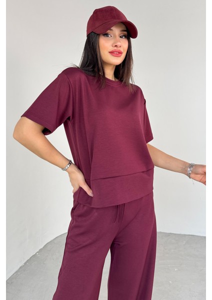 TKM-13255 Kahverengi Yarım Kol Bluz Boru Paça Pantolon Ikili Takım indirimleri