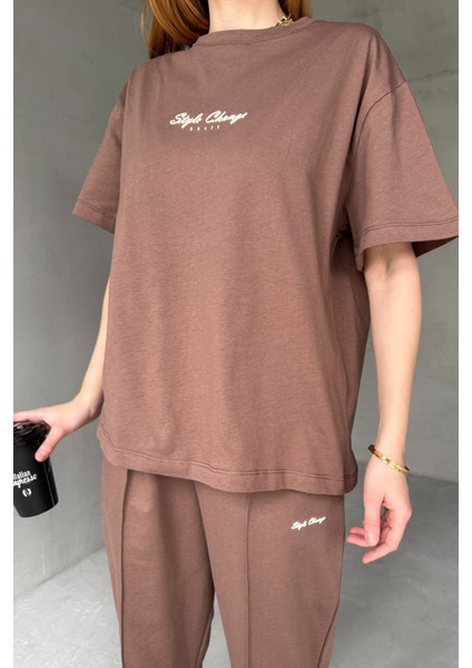 TKM-0051 Kahverengi Style Change Yazılı Tişört Paça Lastikli Pantolon Ikili Takım fırsatları