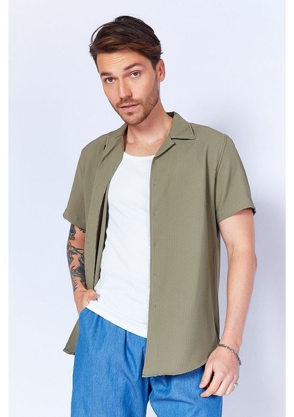 Ottoman Dokulu Esnek Apaş Yaka Kısa Kol Erkek Gömlek | Haki MJS117839-01 fiyatları