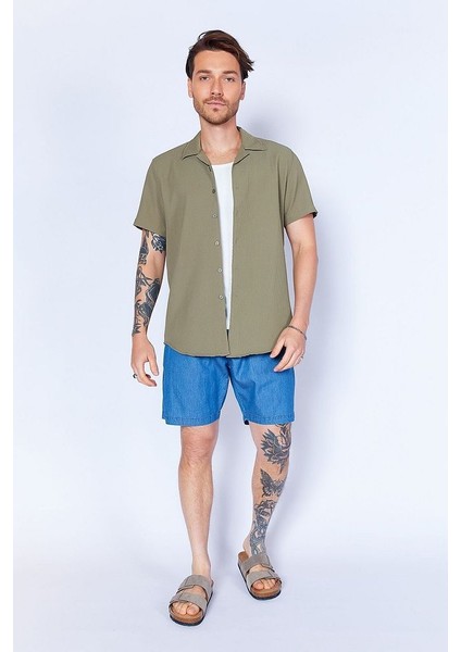 Ottoman Dokulu Esnek Apaş Yaka Kısa Kol Erkek Gömlek | Haki MJS117839-01 modelleri