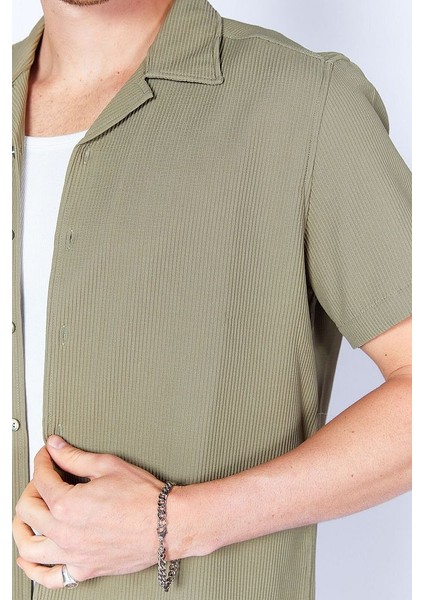 Ottoman Dokulu Esnek Apaş Yaka Kısa Kol Erkek Gömlek | Haki MJS117839-01 fırsatları