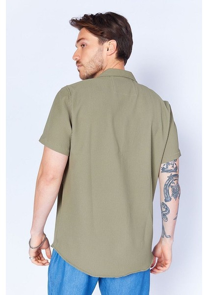 Ottoman Dokulu Esnek Apaş Yaka Kısa Kol Erkek Gömlek | Haki MJS117839-01 indirimleri