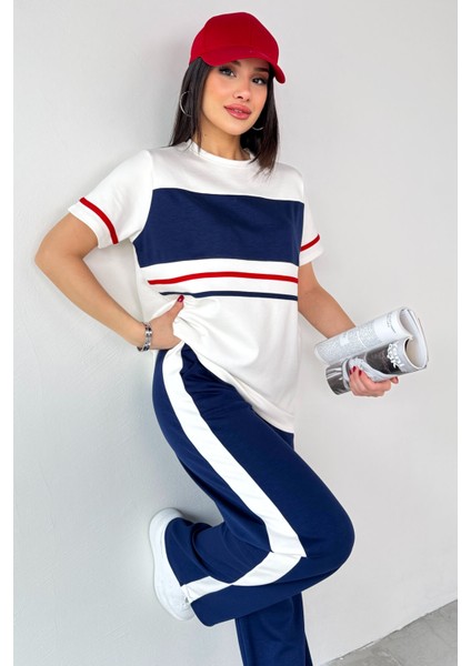 TKM-03707 Beyaz Şeritli Tişört Lacivert Pantolon Ikili Takım