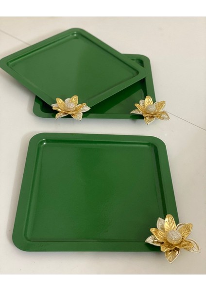 Yeşil Renk Kare 3 Lü Servis ve Sunum Tepsisi Çiçek Aksesuarlı Lüx Sunum