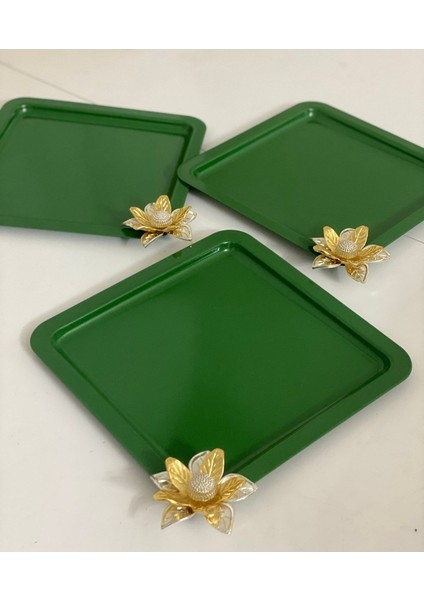 Yeşil Renk Kare 3 Lü Servis ve Sunum Tepsisi Çiçek Aksesuarlı Lüx Sunum fiyatları