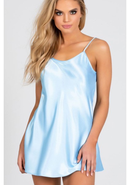 Mavi Saten Gecelik – Ayarlanabilir Ip Askılı, Şık ve Rahat Kısa Model