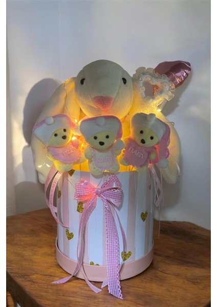 LED Işıklı Özel Kutuda Uyku Arkadaşı Bunny Peluş Tavşan ile Yeni Doğan Hediye Seti- Babyshower ,yenidoğan Hediyesi