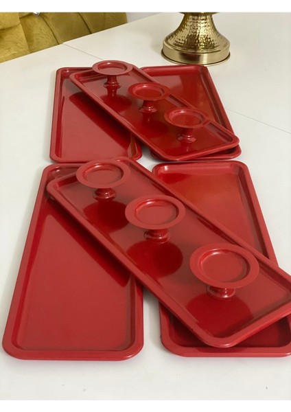 2 Model Kırmızı Renk 6 Lı Dikdörtgen Sunum Tepsisi ve 6 Lı Makaronluk