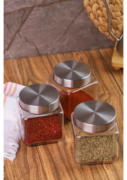 Metal Kapaklı 3'lü Borosilikat Cam Kavanoz Baharatlık 570 ml