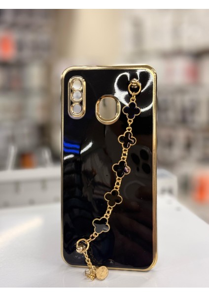 Asmobıle Samsung Galaxy A20 Uyumlu Zincirli Charm Detaylı Gold Kenarlı Parlak Şık Telefon Kılıfı