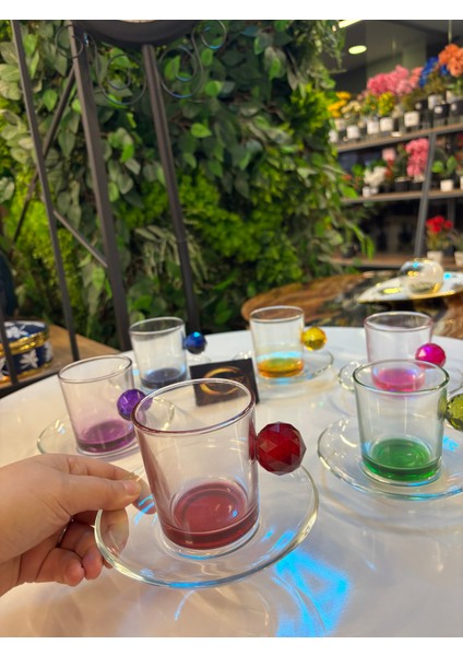 Ars Renkli Kristal Toplu 12 Parça 6 Kişilik Çay Fincanı Takımı, Cam Kahve Fincan Takımı