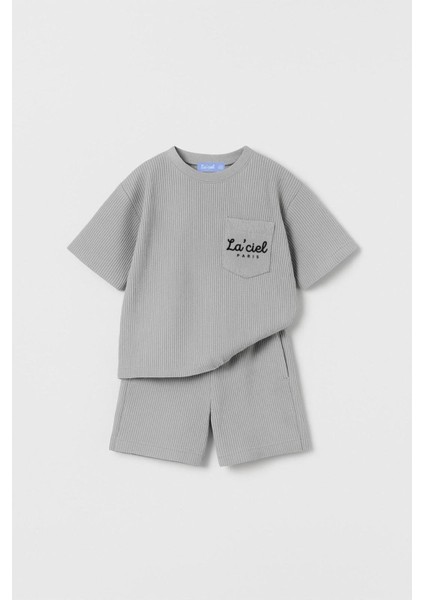 Çocuk Pamuklu Gri La'ciel Yazılı T-Shirt ve Şort Takım - Gofre Dokulu