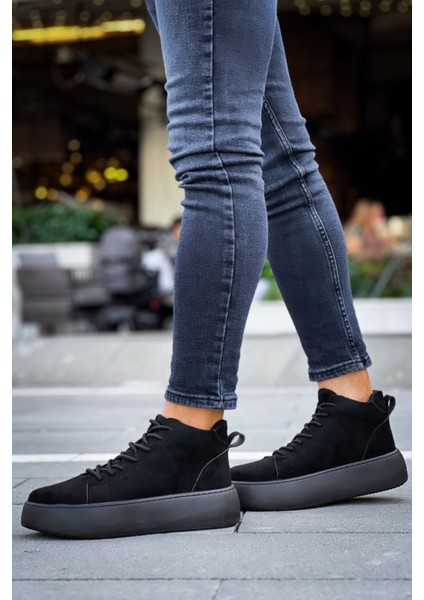 LE10 Bağcıklı Erkek Yüksek Siyah Taban Siyah Süet Spor Bot modelleri