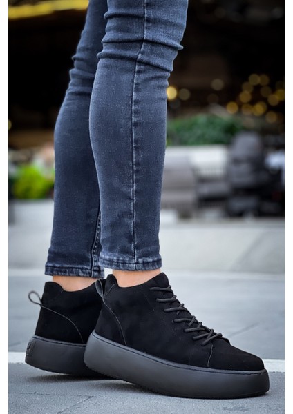 LE10 Bağcıklı Erkek Yüksek Siyah Taban Siyah Süet Spor Bot indirimleri
