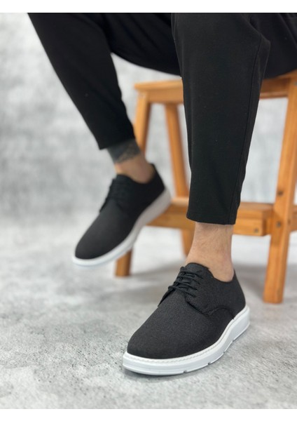 BA0003 Bağcıklı Klasik Spor Keten Siyah Beyaz Taban Casual Erkek Ayakkabı