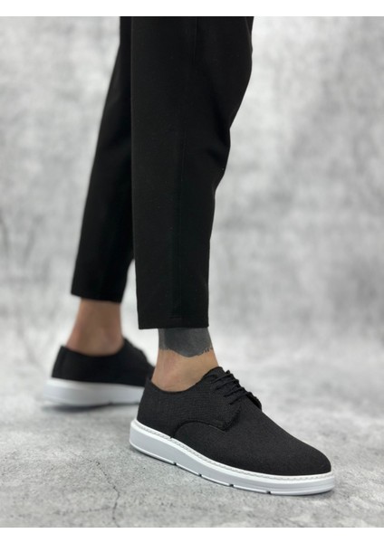 BA0003 Bağcıklı Klasik Spor Keten Siyah Beyaz Taban Casual Erkek Ayakkabı