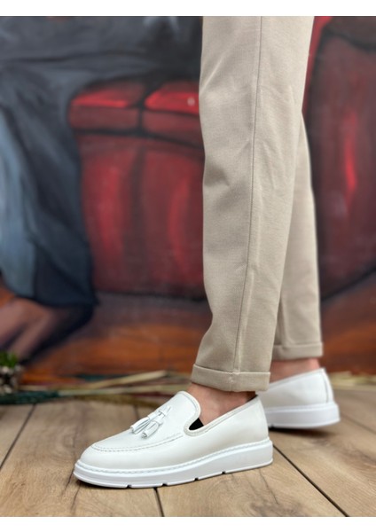 BA0005 Bağcıksız Yüksek Taban Klasik Beyaz Püsküllü Erkek Ayakkabı modelleri