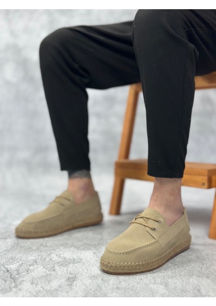 BA0358 Boa Doğal Deri Tozu Bağcıklı Kauçuk El Yapımı Espadril Taban Bej Renk Erkek Ayakkabı