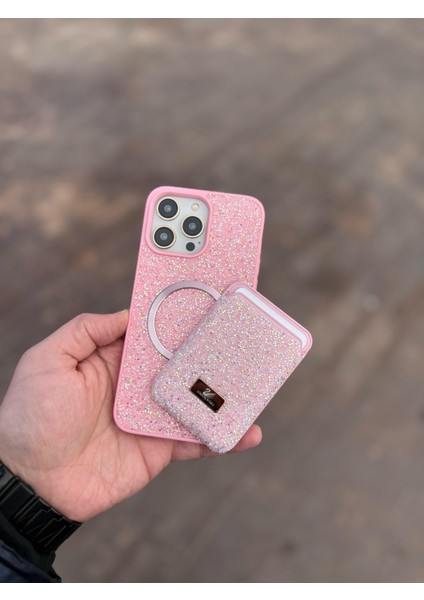 Iphone 16 Pro Max Pembe Taşlı Telefon Kılıfı ve Magsafe Kredi Kartlık Cüzdan Seti