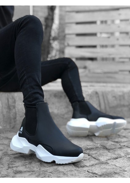 BA0444 Bağcıksız Rahat Yüksek Taban Siyah Beyaz Taban Erkek Spor Yarım Bilek Bot fiyatları