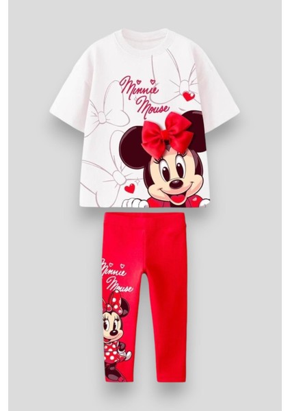 Kız Çocuk Pamuklu Kırmızı Minnie Temalı Takım - Fiyonklu T-Shirt ve Tayt